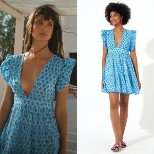 Oliphant NEW Cross Back‎ Flutter Sleeve Mini Dress in Fern Blue - Size Medium